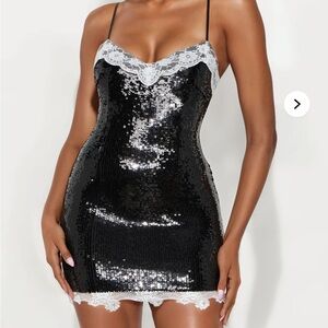Black Sequin Mini Dress with Lace Trim
